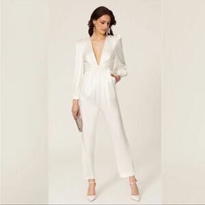 IEENA by Mac Duggal white ivory satin plunge neckline jumpsuit